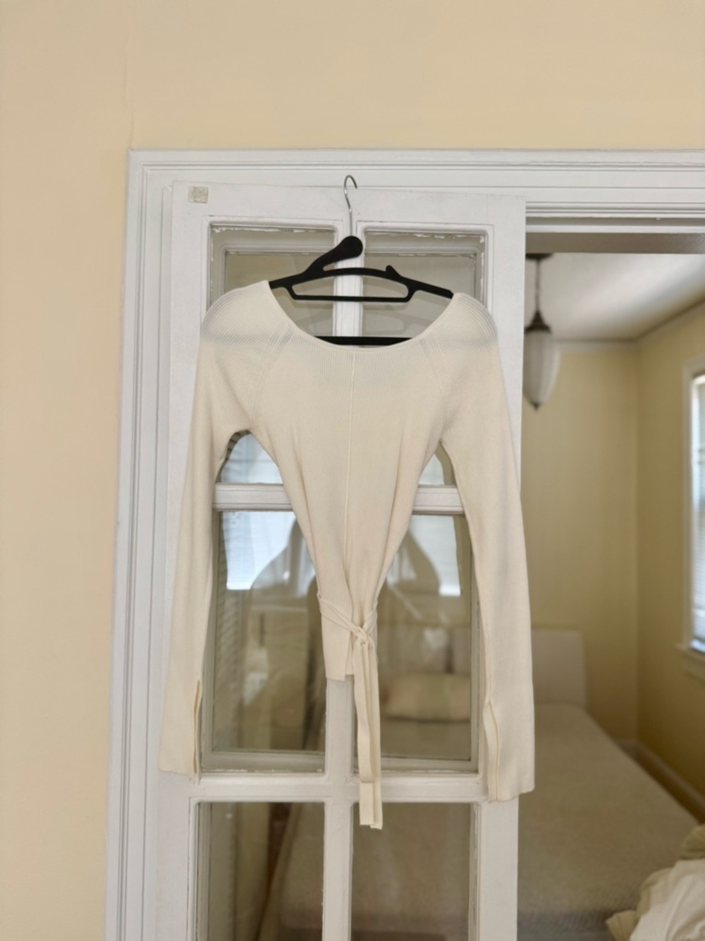 Aritzia Cream Long Sleeve Tie-Front Ribbed Top